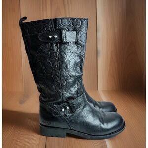 Coach Virginia Leather Embossed Monogram Logo Riding Boots 5 Black Moto Biker